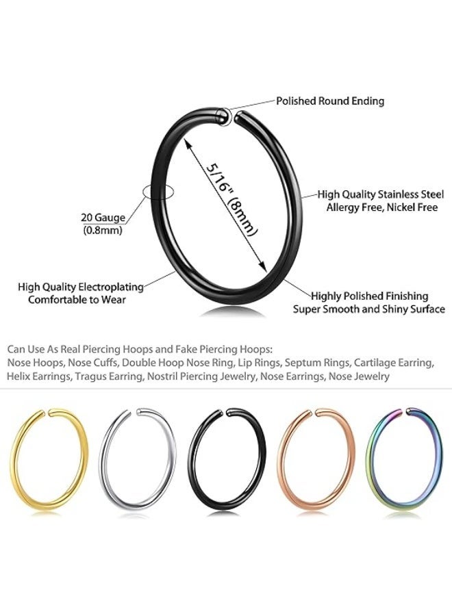 Ucanbe 10PCS 0.8*8mm Stainless Steel Nose Hoop Rings | Round Open Ring Multi-Use Small Nose & Earring Hoop (Steel/Black/Rainbow/Gold/Rose Gold) - Image 2